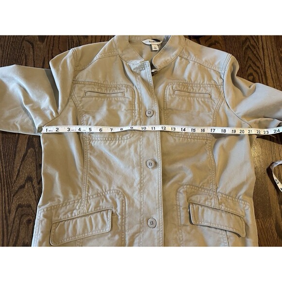 L.L. Bean Utility Jacket Coat Khaki Tan Women’s Sz Large Pima Cotton Button Up - Picture 9 of 10